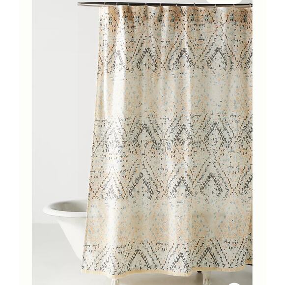 Anthropologie Lorin Fringed Boho Cotton Shower Curtain Peach Blue Print Neutral - Picture 2 of 6